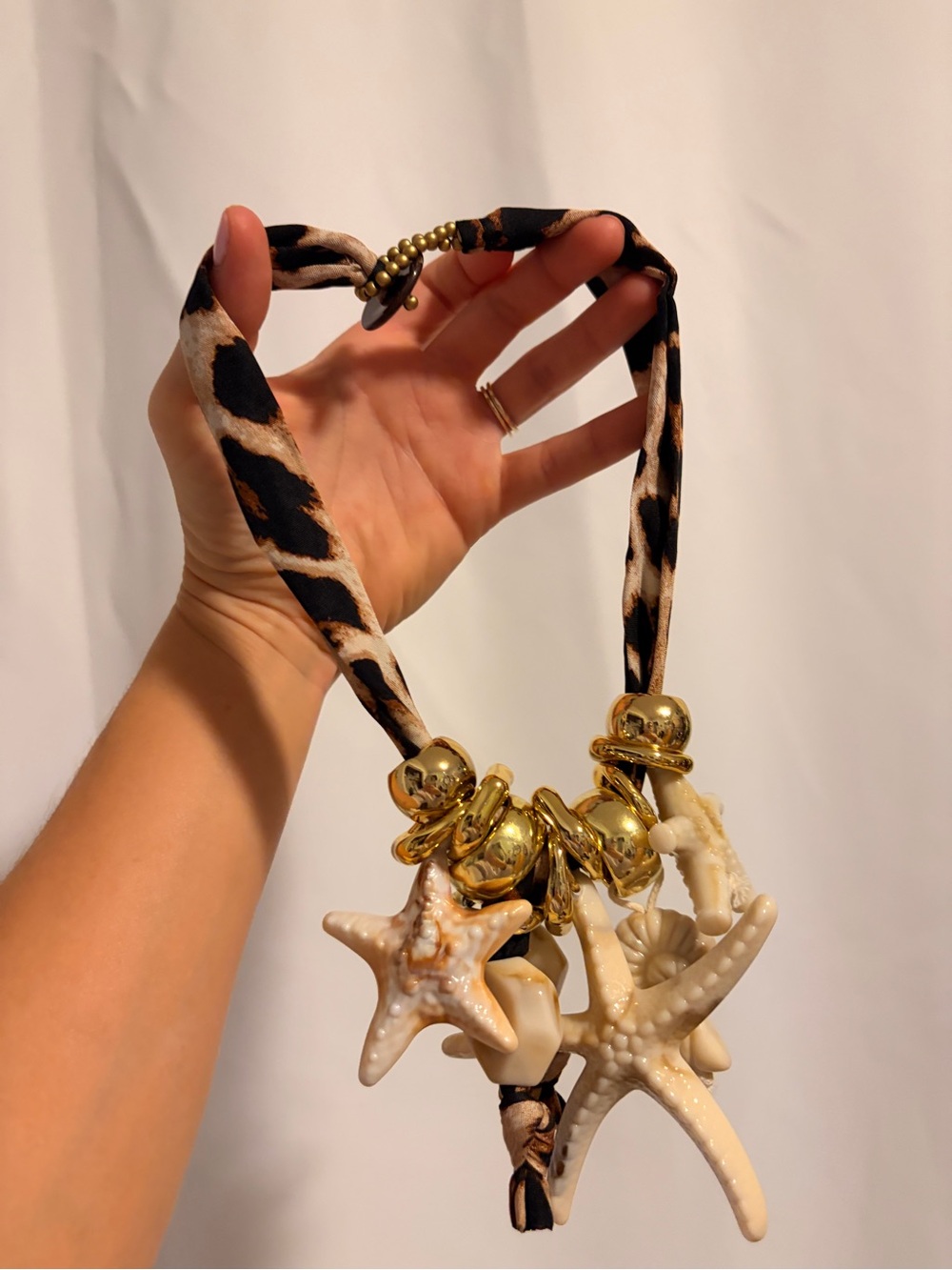 Leopard-Print Scarf Bandana Necklace Gold Shell Starfish